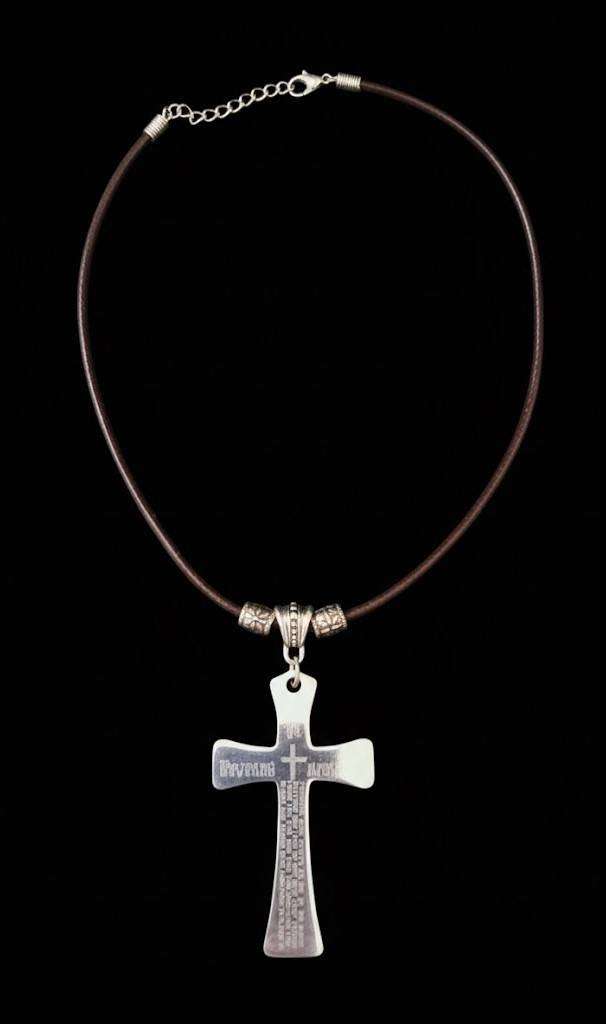 Stainless steel Cross with Lords Prayer on it with leather necklace