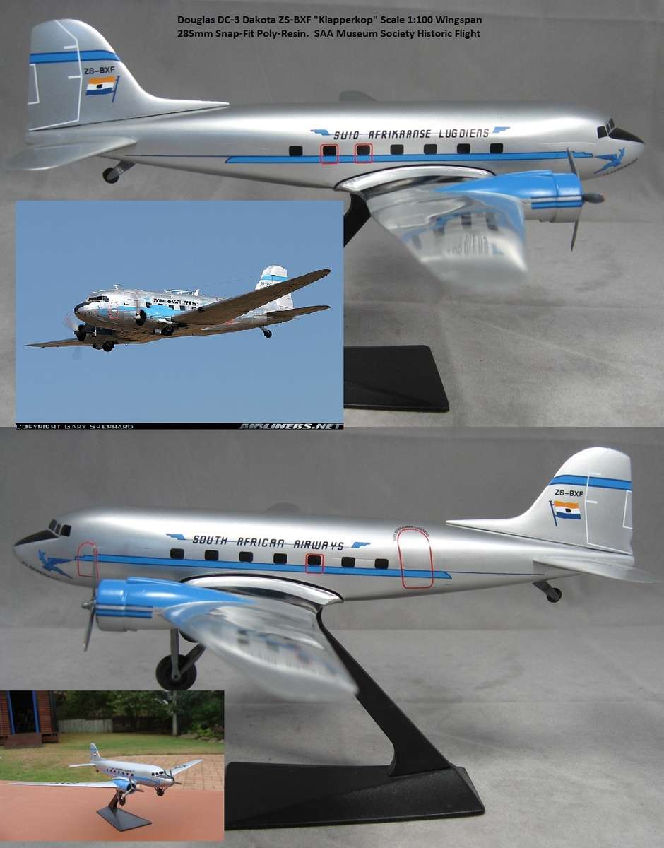DC-3 SUID-AFRIKAANSE LUGDIENS ZS-BXF "Klapperkop" Snap-Fit ABS Plastic Model Scale : 1/100