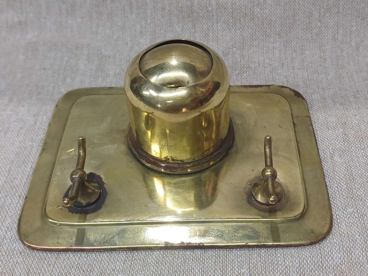 Vintage Brass Metal Dome Inkwell and Pen Stand 1930's