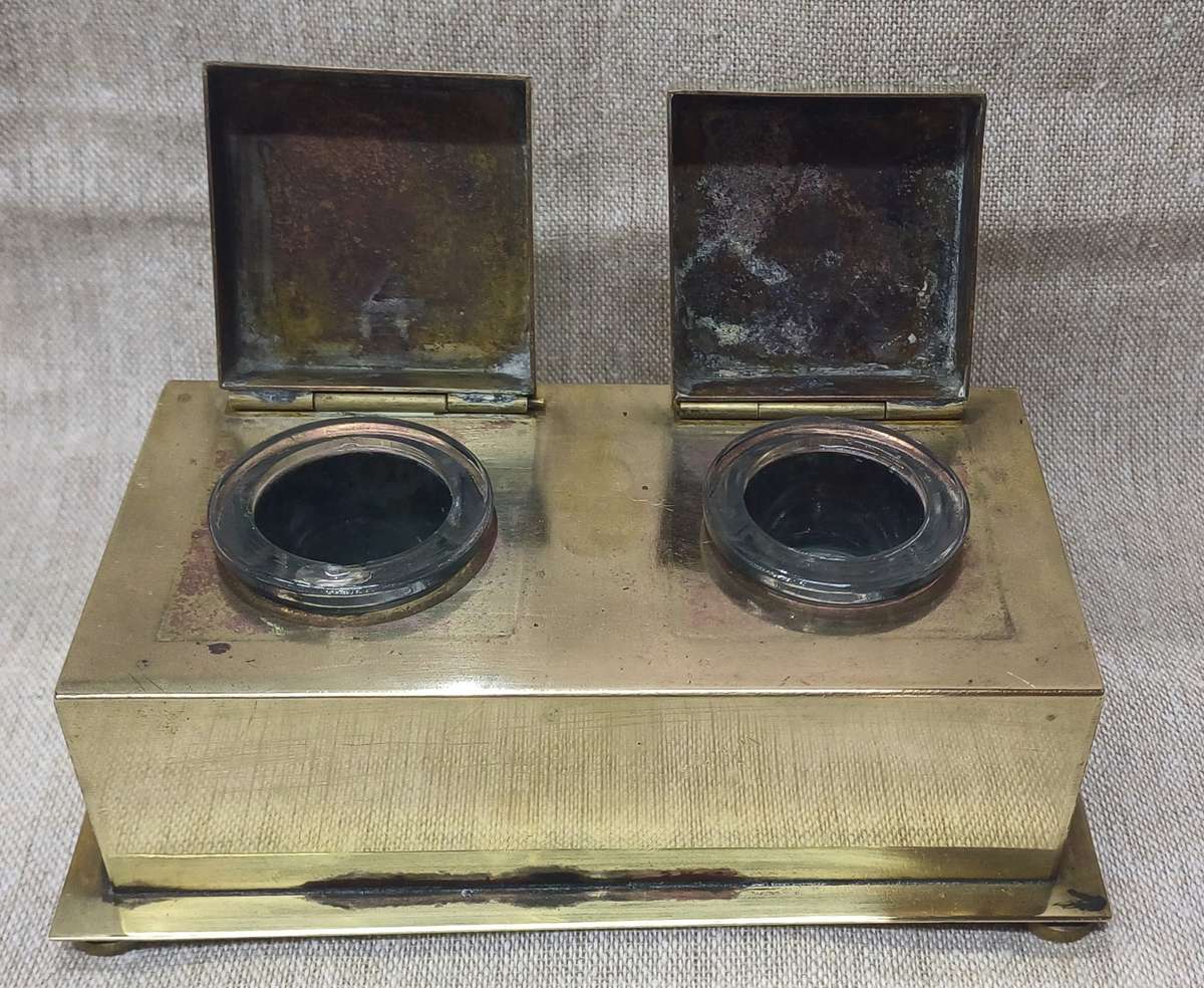 Vintage Double Square Brass Inkstand Inkwell 1930's