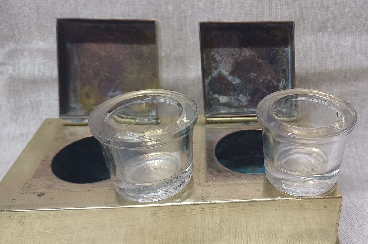 Vintage Double Square Brass Inkstand Inkwell 1930's