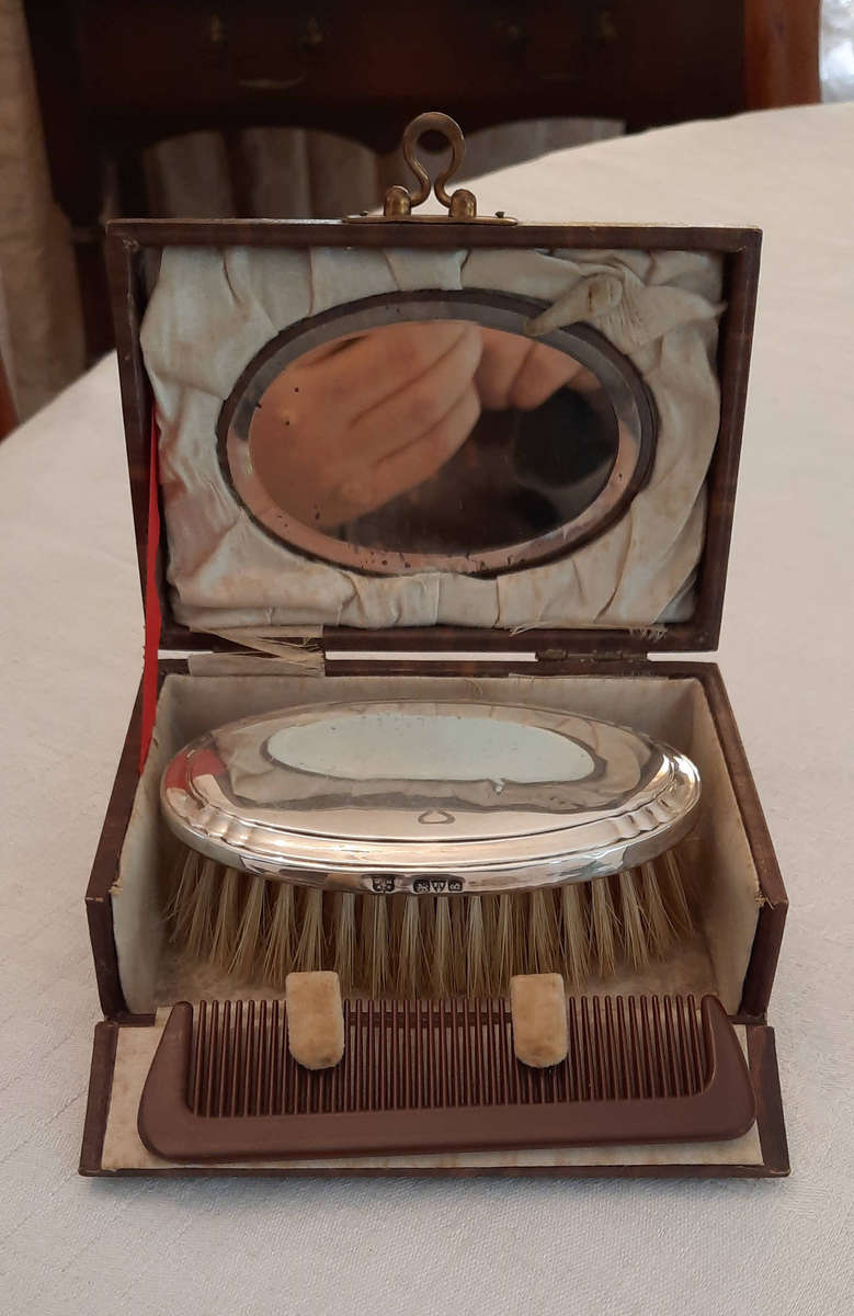 Baby's 1927 Christening Set (with sterling silver brush, comb & mirror in case)