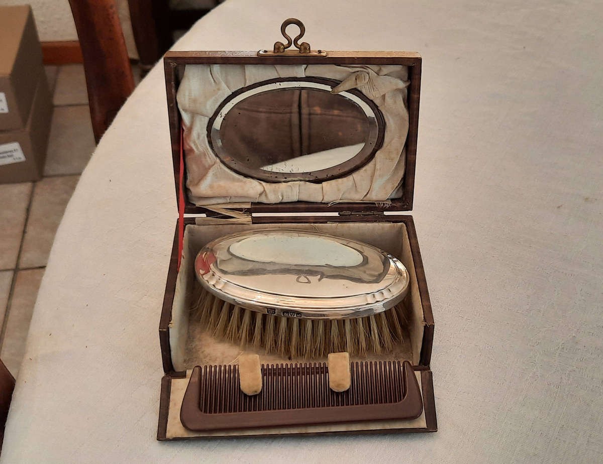 Baby's 1927 Christening Set (with sterling silver brush, comb & mirror in case)