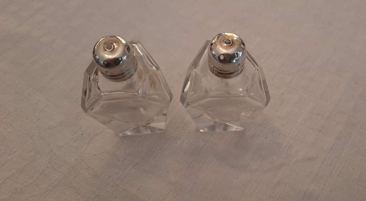 Cruet Salt & Pepper Hand Cut Lead Crystal Set with Sterling Silver Tops