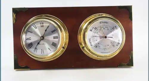Brass and Wood Gauge Style Clock and Barometer Wall Plaque!!! 38cm Wide!!!