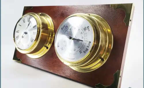 Brass and Wood Gauge Style Clock and Barometer Wall Plaque!!! 38cm Wide!!!