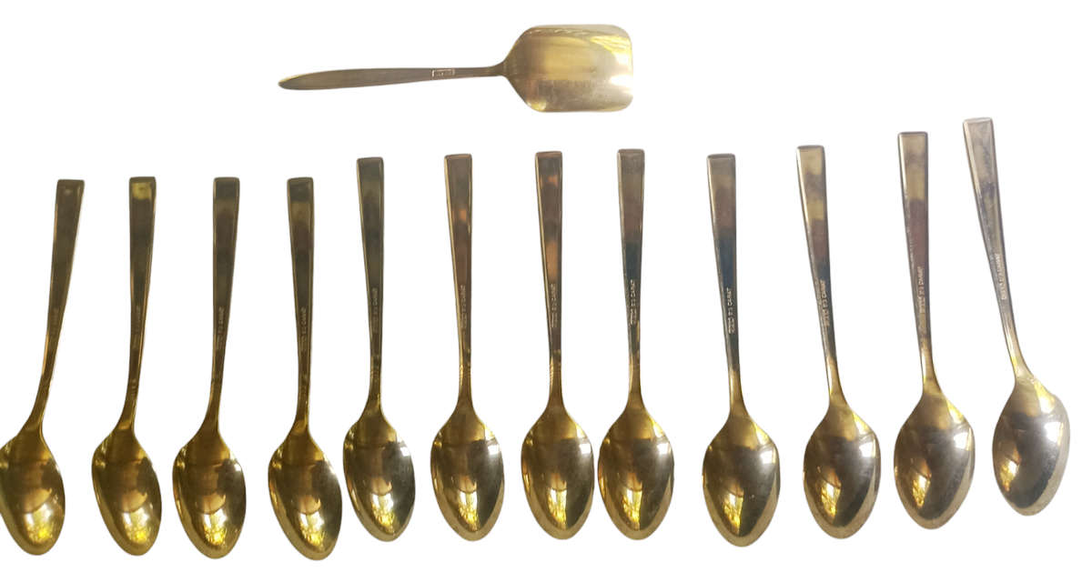 Vintage N.T.C. 23 Carat Gold Plated Tea Spoons-Set of 12 plus 1 x Sugar Spoon engraved England