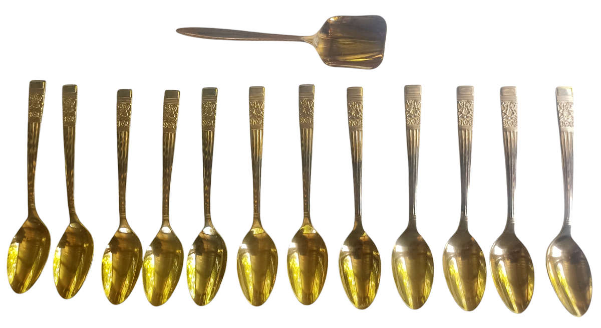 Vintage N.T.C. 23 Carat Gold Plated Tea Spoons-Set of 12 plus 1 x Sugar Spoon engraved England