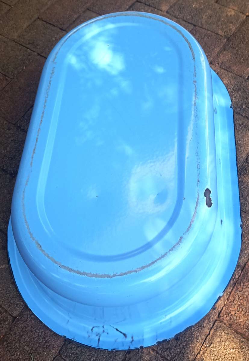 Big vintage Baby Blue colour good quality Enamel Bath with metal folding stand