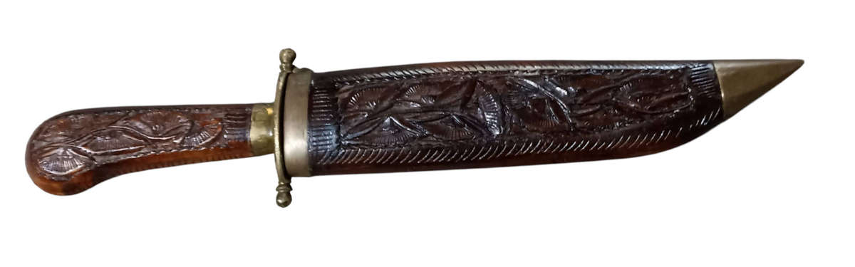 Vintage India Dagger Knive-wood and brass Hand carved handle and sheath-stamped India-L 30 cm