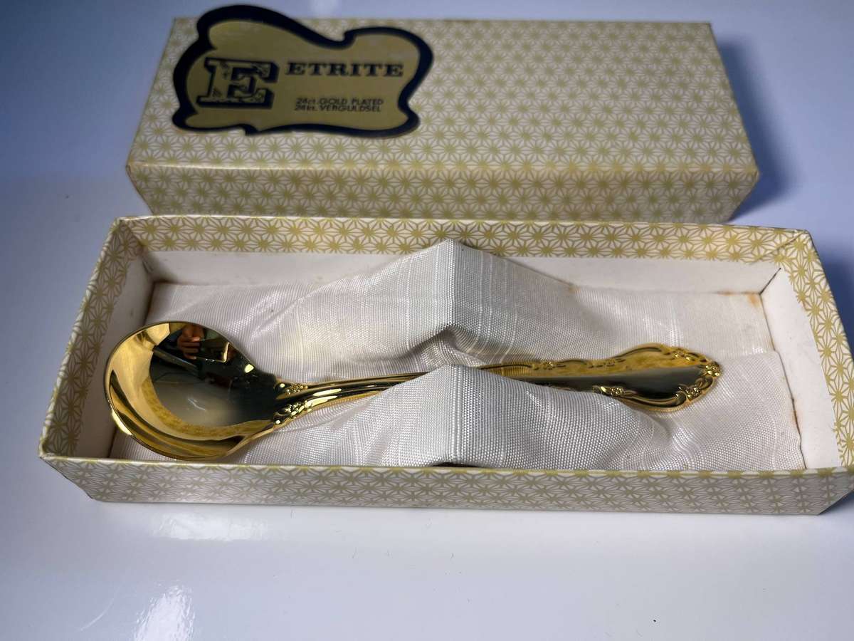 Eetrite 24ct Gold Plated Royal Albert Moonlight Rose Spoons and Cake Forks for 6