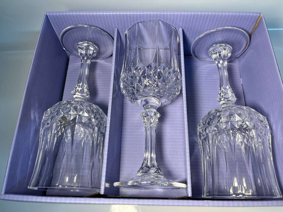 French Cristal D arques Diamax Long Champ Crystal White Wine Glasses x 6 - Unused in Box