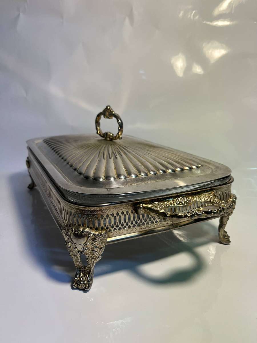 Antique Silver Plated Casserole Dish with Lid and Marinex Glass Baking Dish