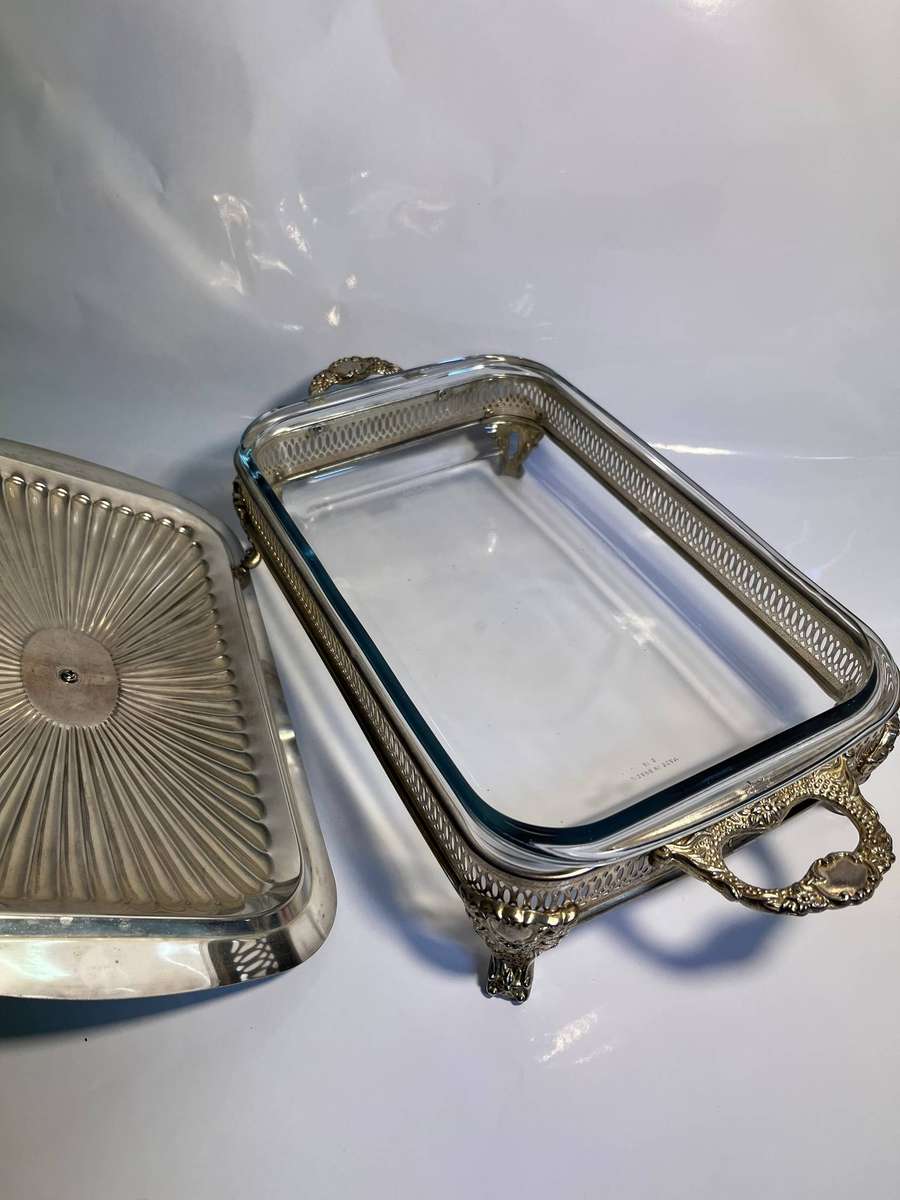 Antique Silver Plated Casserole Dish with Lid and Marinex Glass Baking Dish