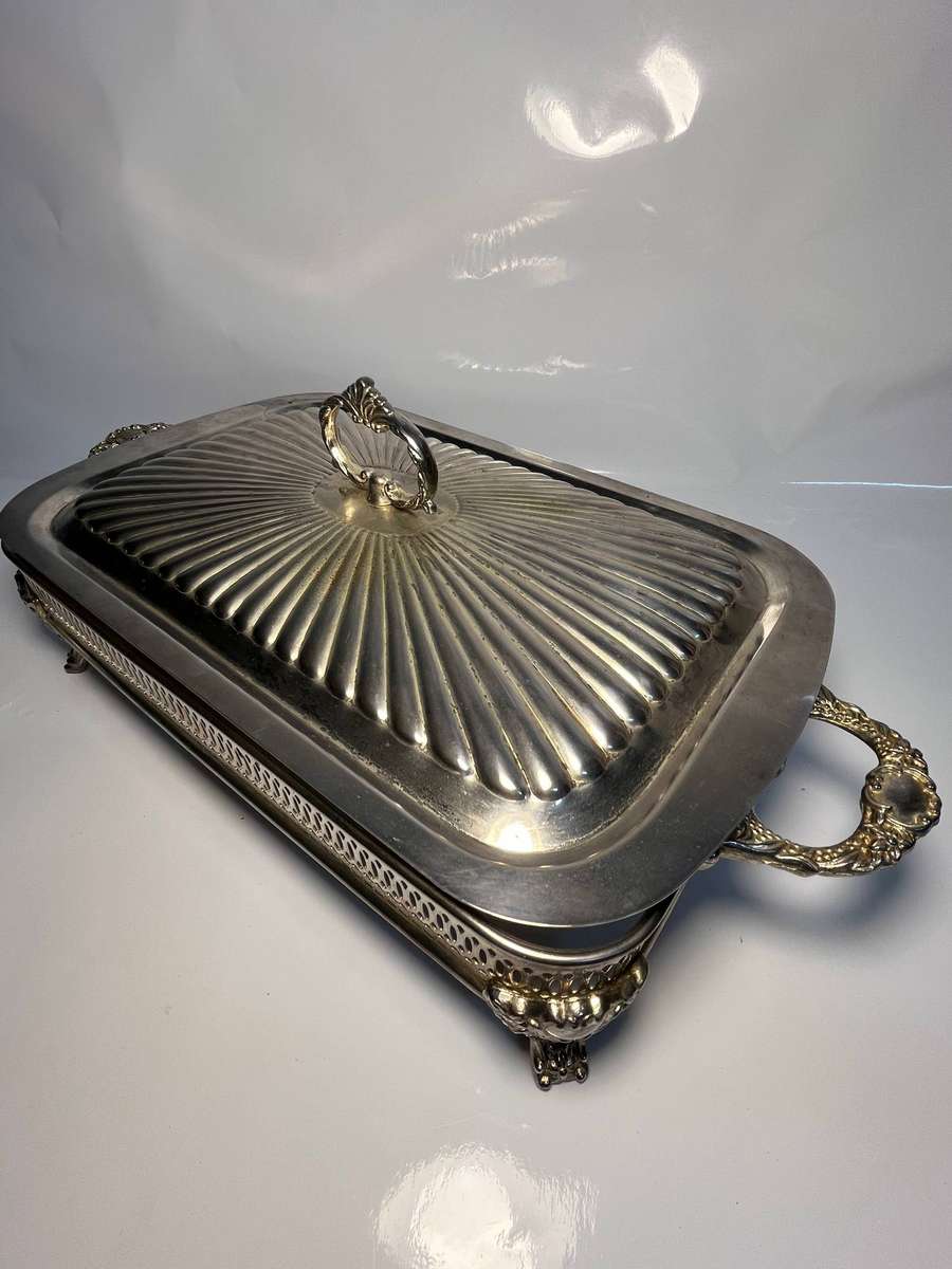 Antique Silver Plated Casserole Dish with Lid and Marinex Glass Baking Dish