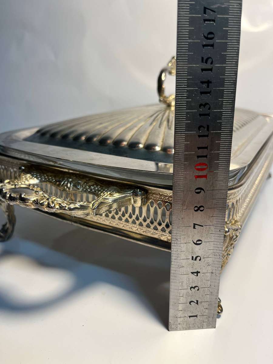 Antique Silver Plated Casserole Dish with Lid and Marinex Glass Baking Dish