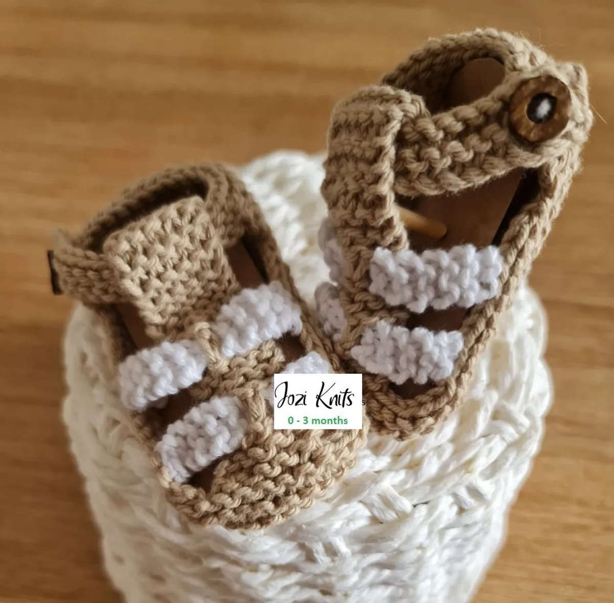 Baby Cotton Sandals Booties Beige and White (0 - 3 months) Hand knitted