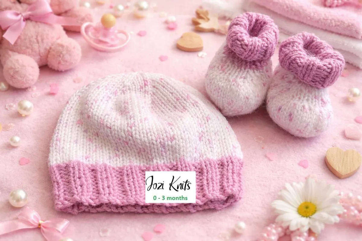Baby Beanie & Booties Set Lilac & White (0 - 3 months) Hand knitted