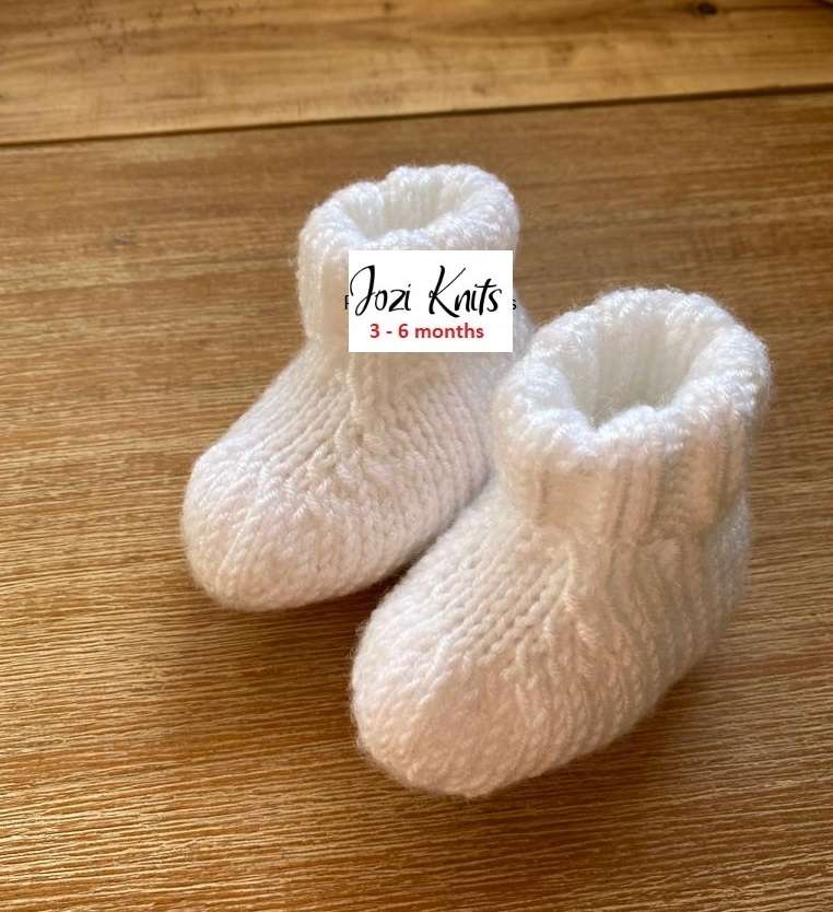 Baby Booties White with an Organza Gift Bag (3 - 6 months)  Hand knitted