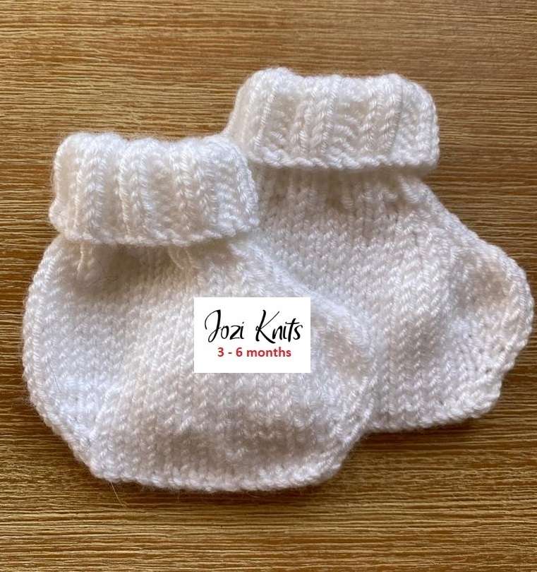 Baby Booties White with an Organza Gift Bag (3 - 6 months)  Hand knitted