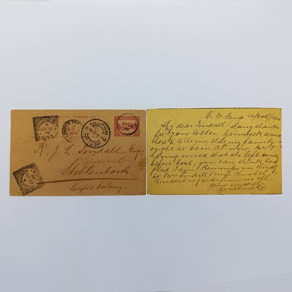 Pow Boer War postcard October 1900 from Deadwood Camp St Helena to Stellenbosch