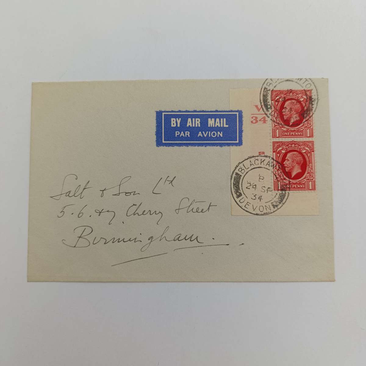 Air mail cover Blackawton Devon to Birmingham with 1 penny control pair cancelled 24 Sept 1934