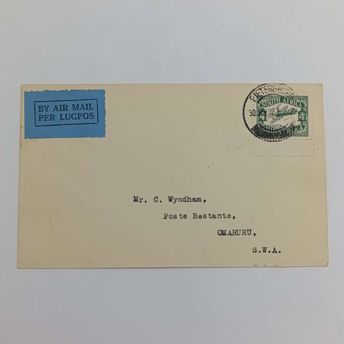 Airmail Cover Pietersburg South Africa to Omaruru South West Africa via Johannesburg & Kimberley