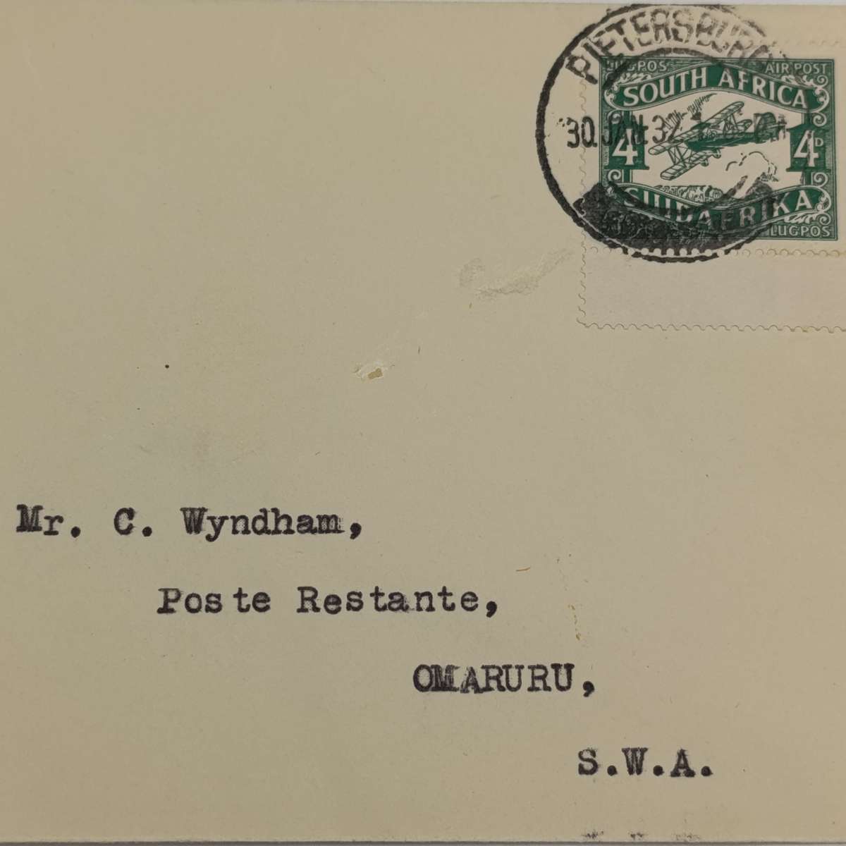 Airmail Cover Pietersburg South Africa to Omaruru South West Africa via Johannesburg & Kimberley