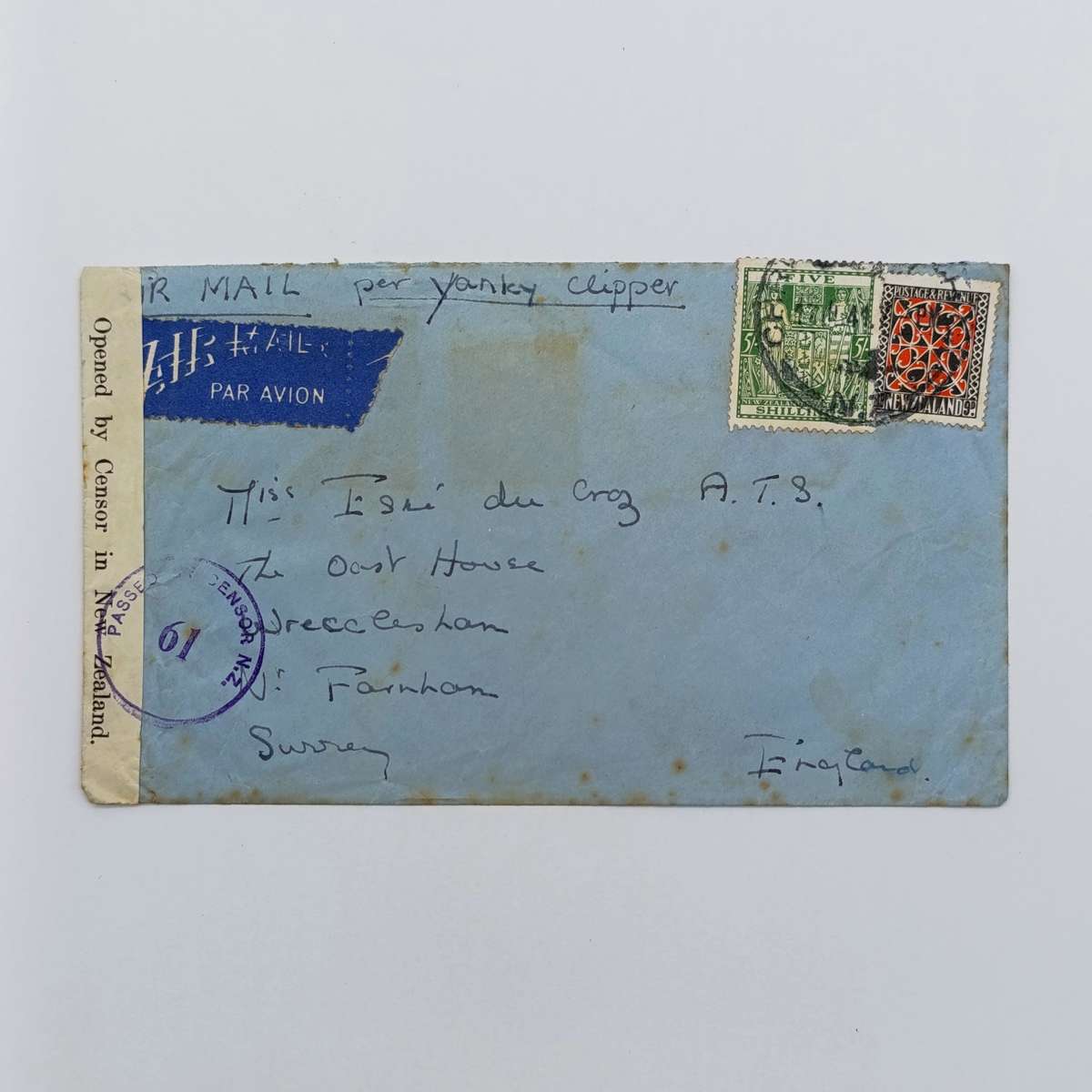 Air mail cover New Zealand to England