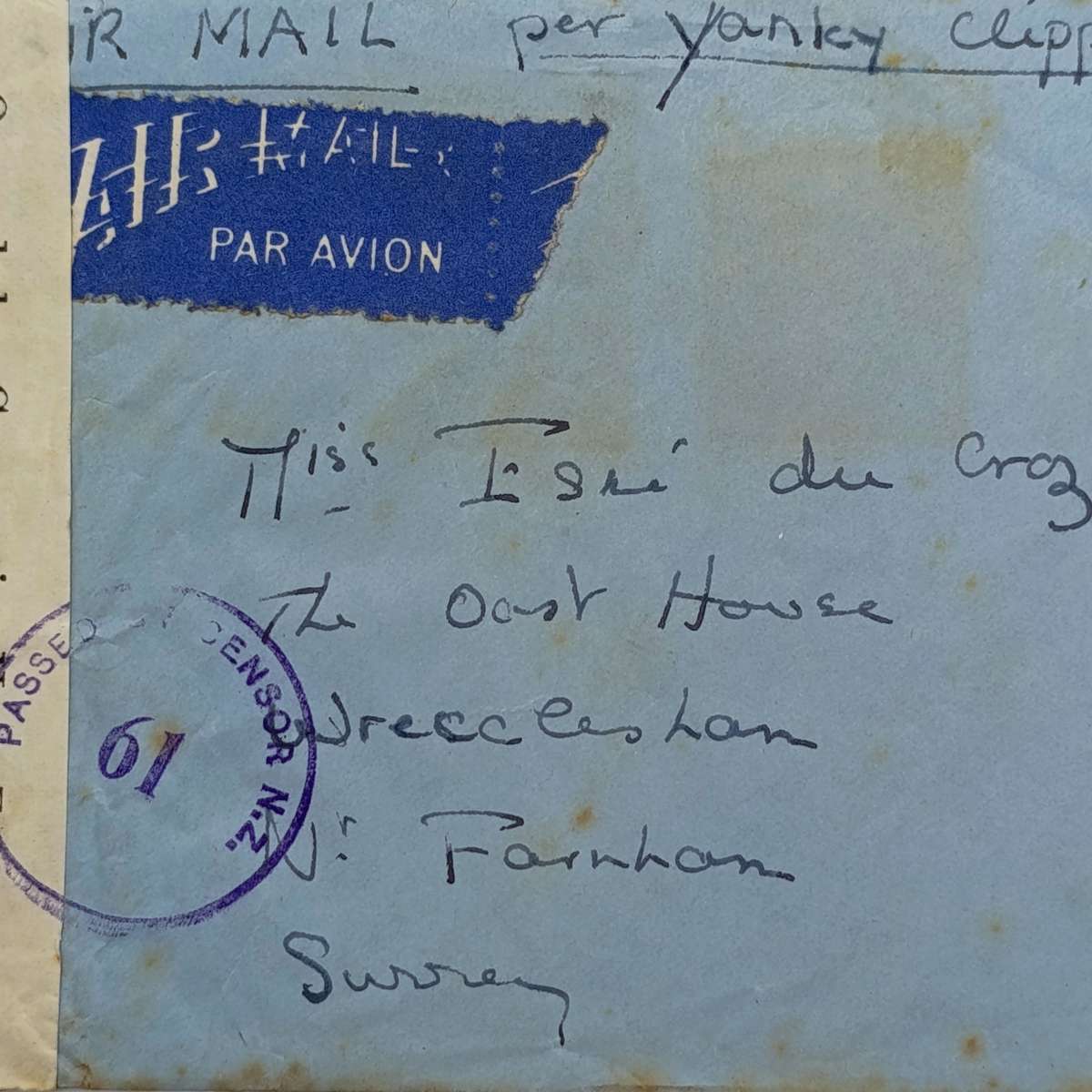 Air mail cover New Zealand to England