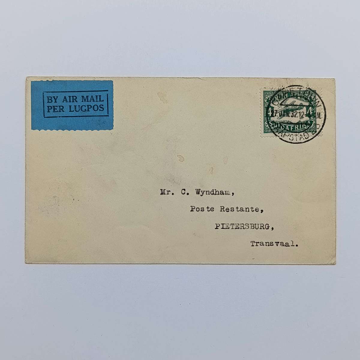 Airmail Cover Cape Town to Pietersburg South Africa with blue airmail label & 4d stamp cancelled