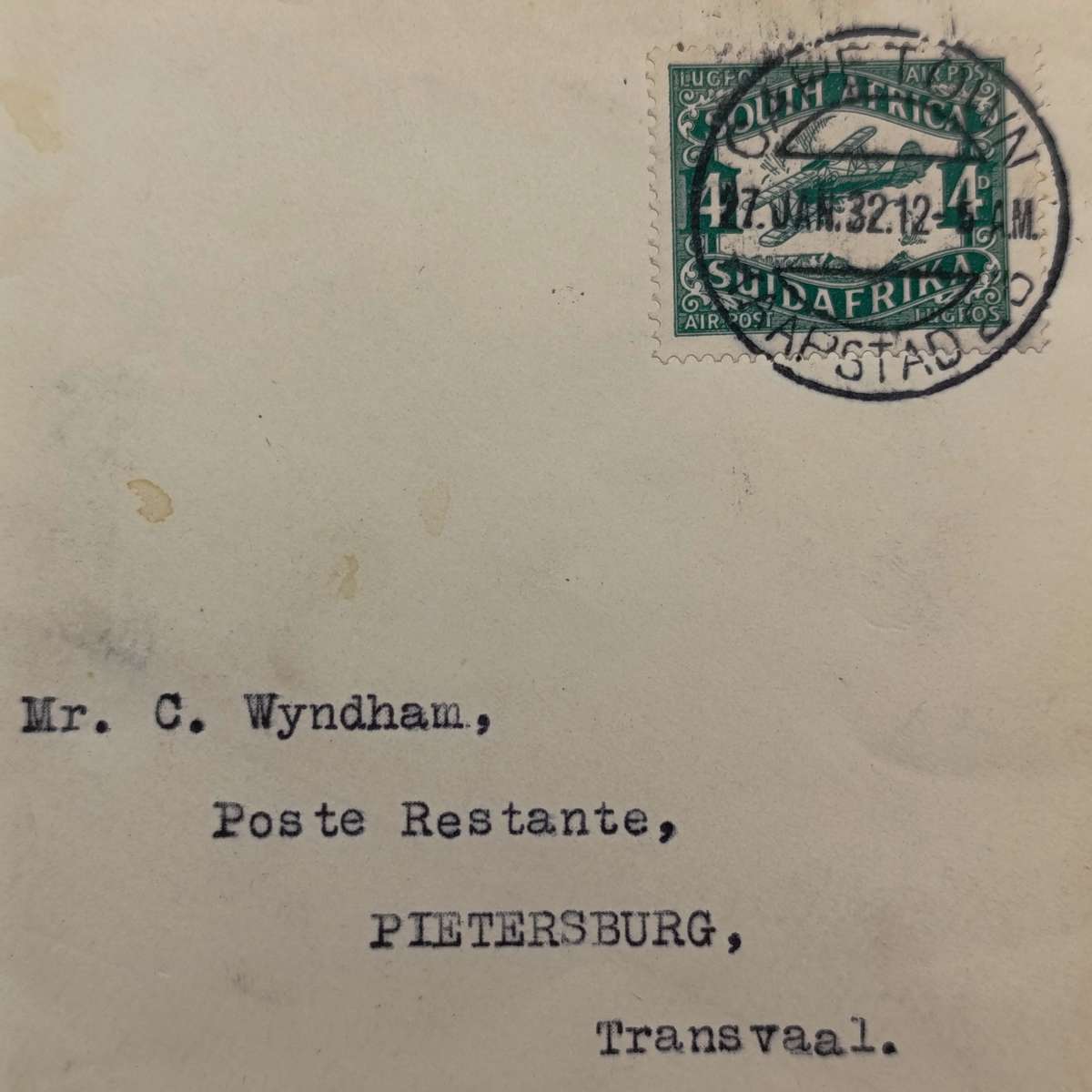 Airmail Cover Cape Town to Pietersburg South Africa with blue airmail label & 4d stamp cancelled