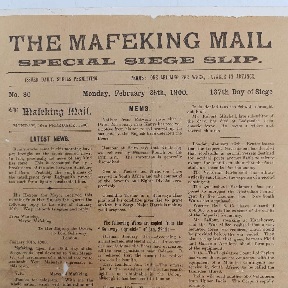The Mafeking Mail special siege slip dated Friday 22 December 1899 Original