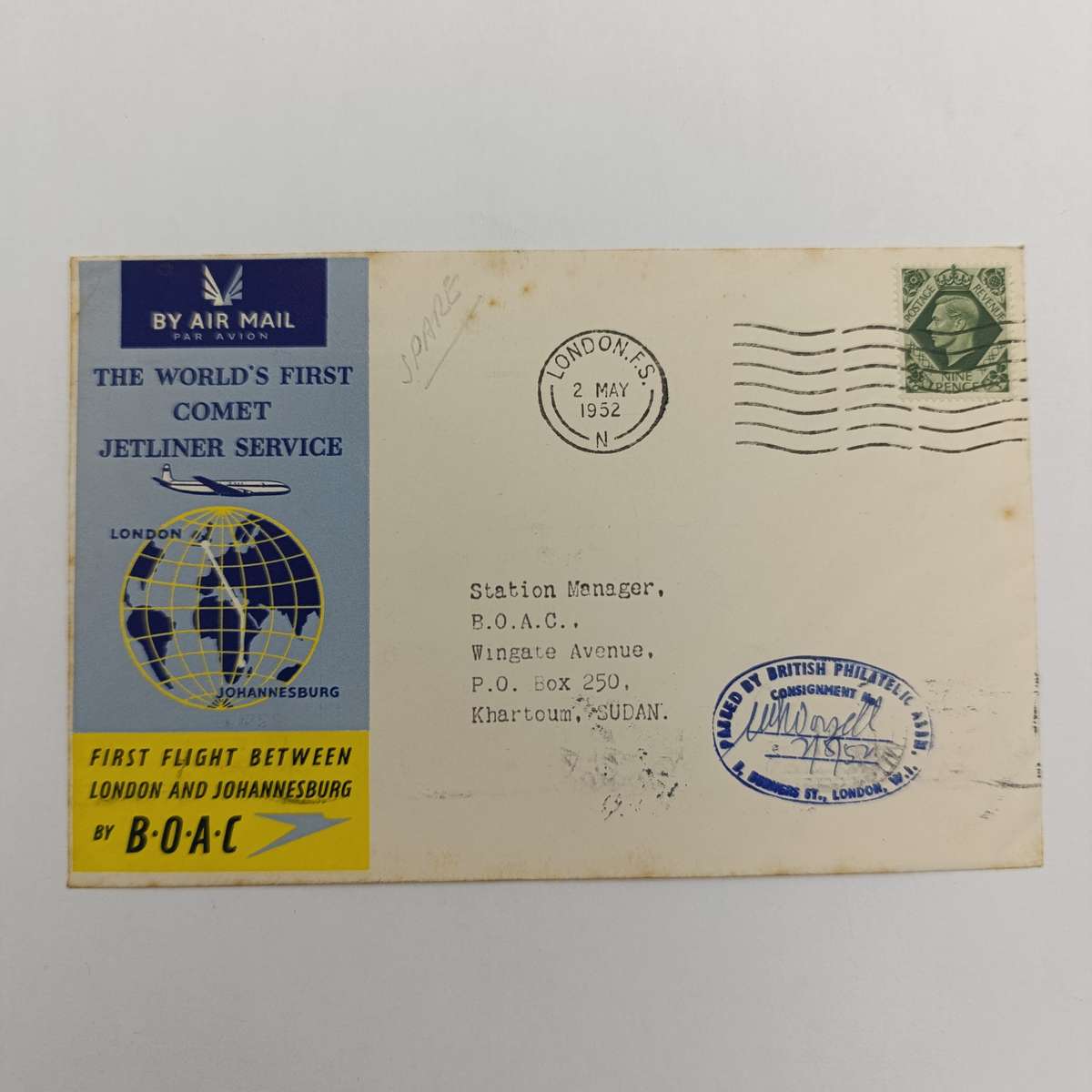 Airmail cover from London to Khartoum, Sudan - 2 May 1952 with 9 pence British stamp