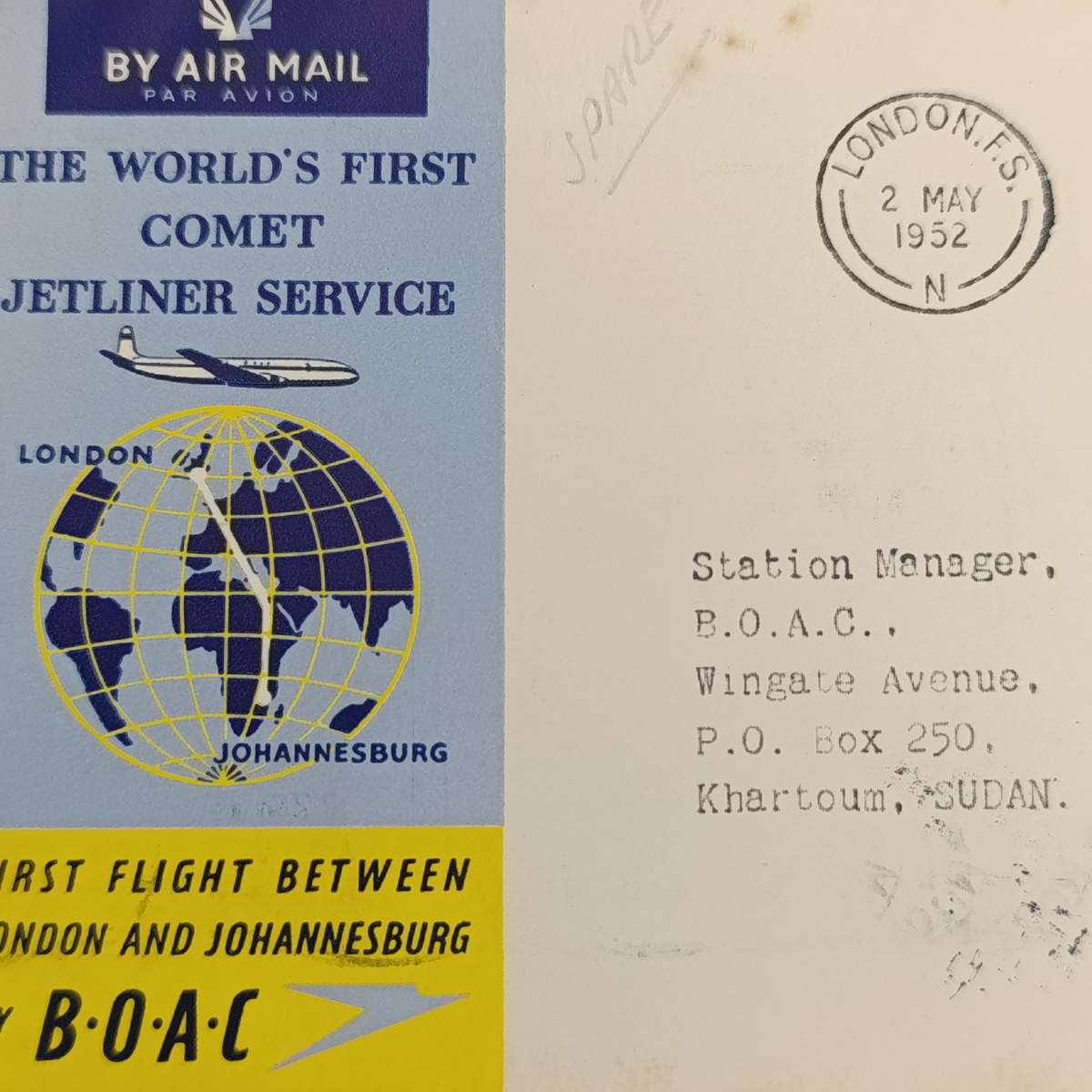 Airmail cover from London to Khartoum, Sudan - 2 May 1952 with 9 pence British stamp