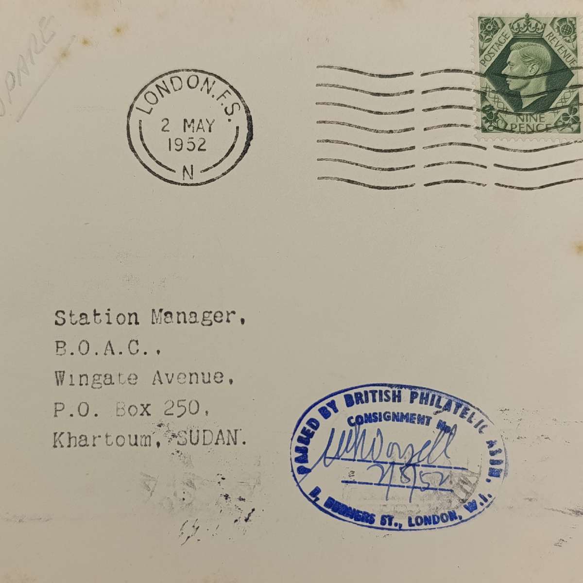 Airmail cover from London to Khartoum, Sudan - 2 May 1952 with 9 pence British stamp