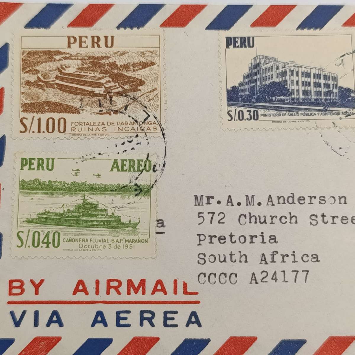 Airmail cover from Lima-Peru to Pretoria, South Africa with 5 Peru stamps