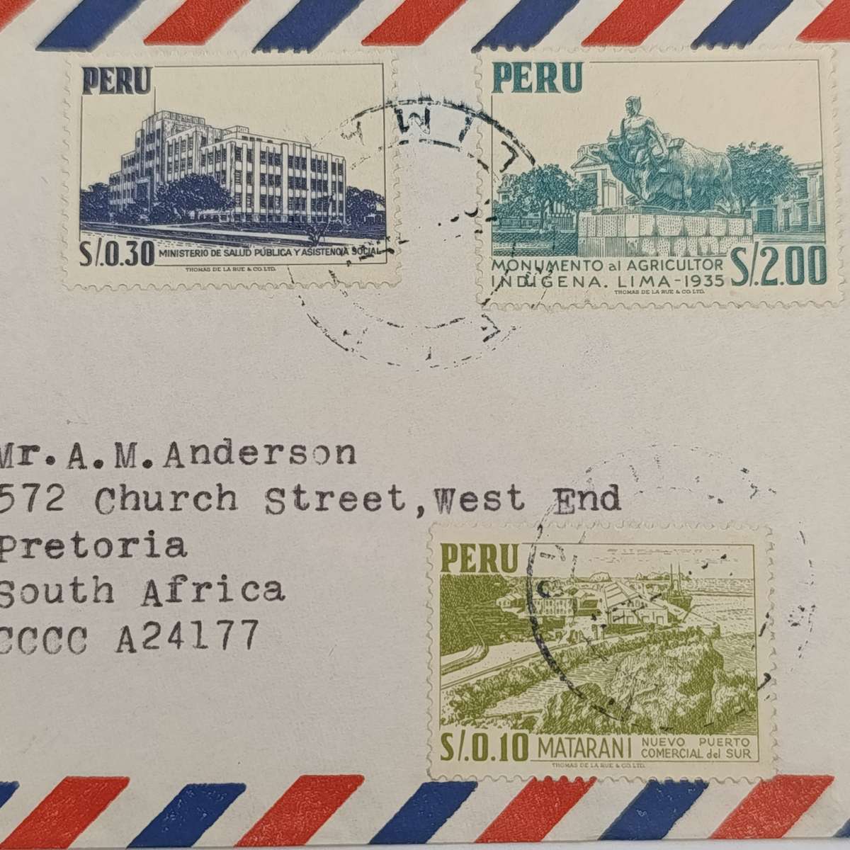 Airmail cover from Lima-Peru to Pretoria, South Africa with 5 Peru stamps