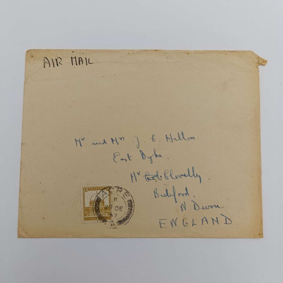 Airmail cover from Acre Israel to England with 13 Mils Palestine stamp - 20 December 1947