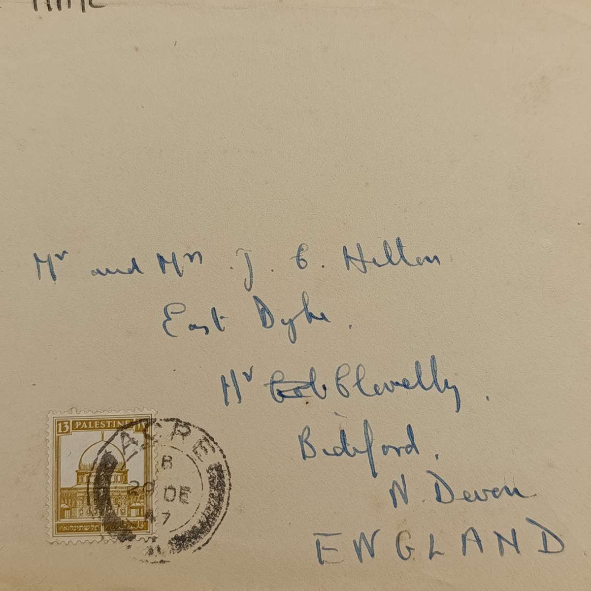 Airmail cover from Acre Israel to England with 13 Mils Palestine stamp - 20 December 1947