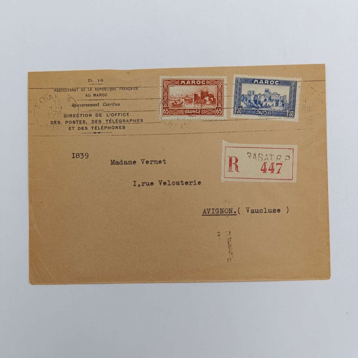 Registered Postal cover from Rabat, Morocco to Avignon, Vaucluse with 2 Moroccan stamps