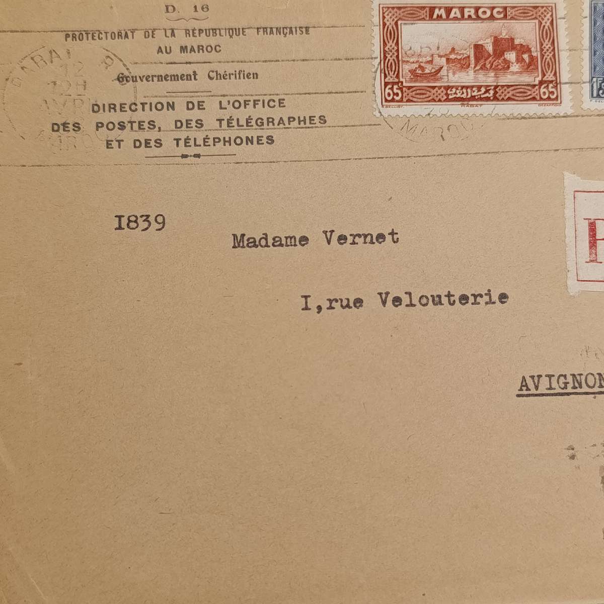 Registered Postal cover from Rabat, Morocco to Avignon, Vaucluse with 2 Moroccan stamps