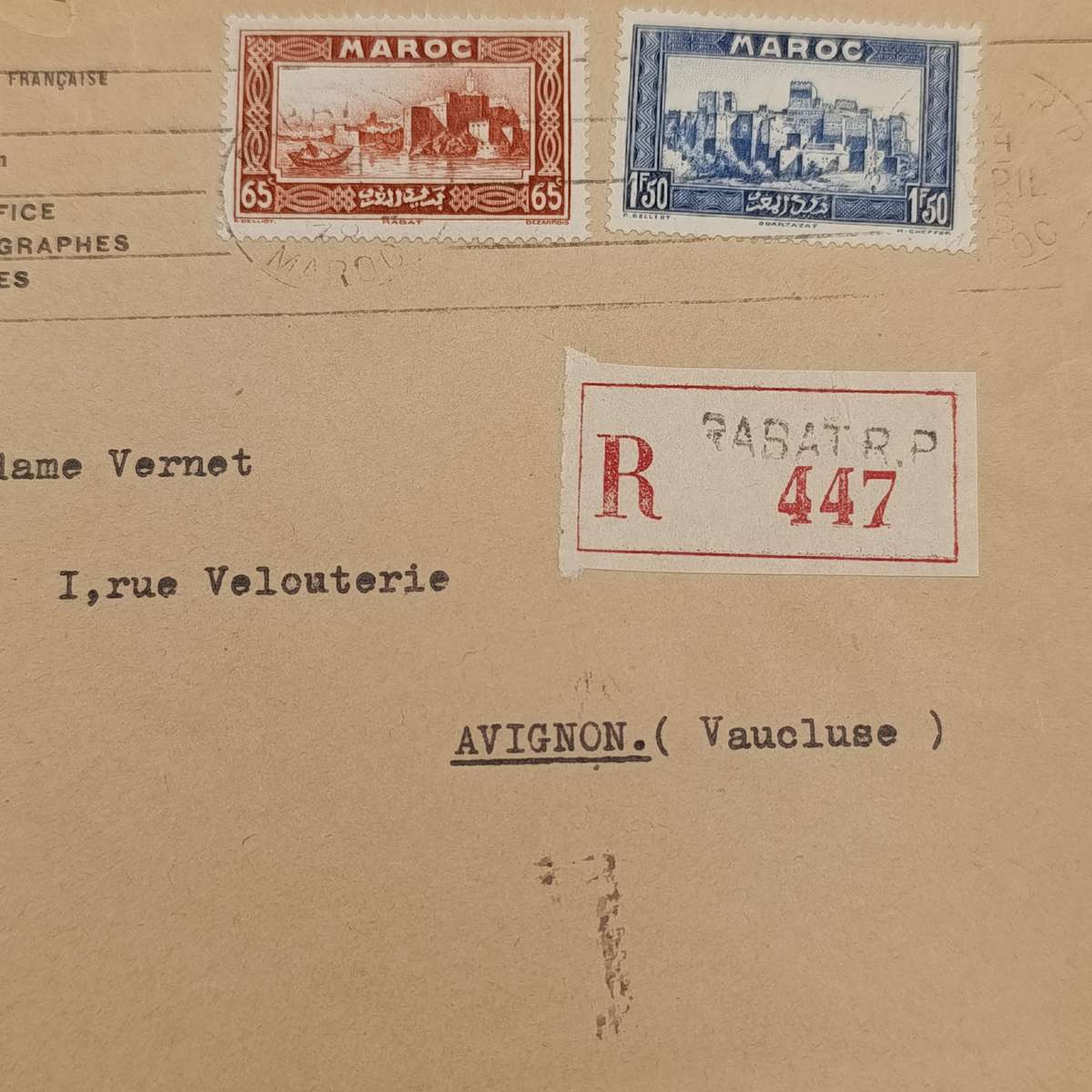 Registered Postal cover from Rabat, Morocco to Avignon, Vaucluse with 2 Moroccan stamps