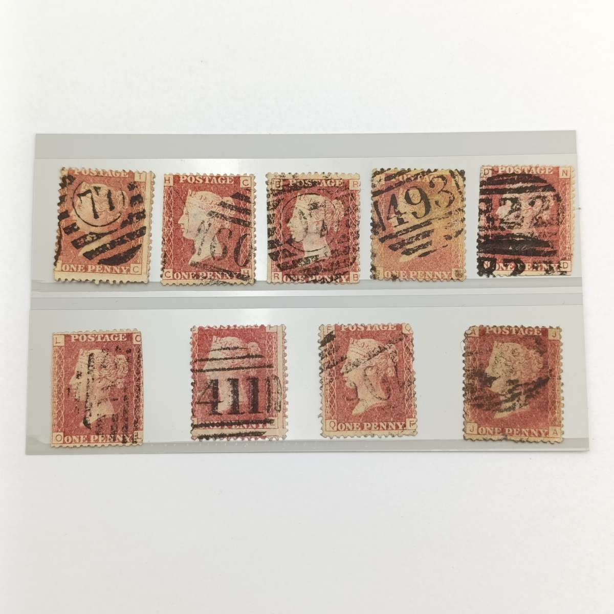 Lot of 9 penny red stamps circa 1858 - plate numbers included are: 90, 92, 102, 103, 108, 112