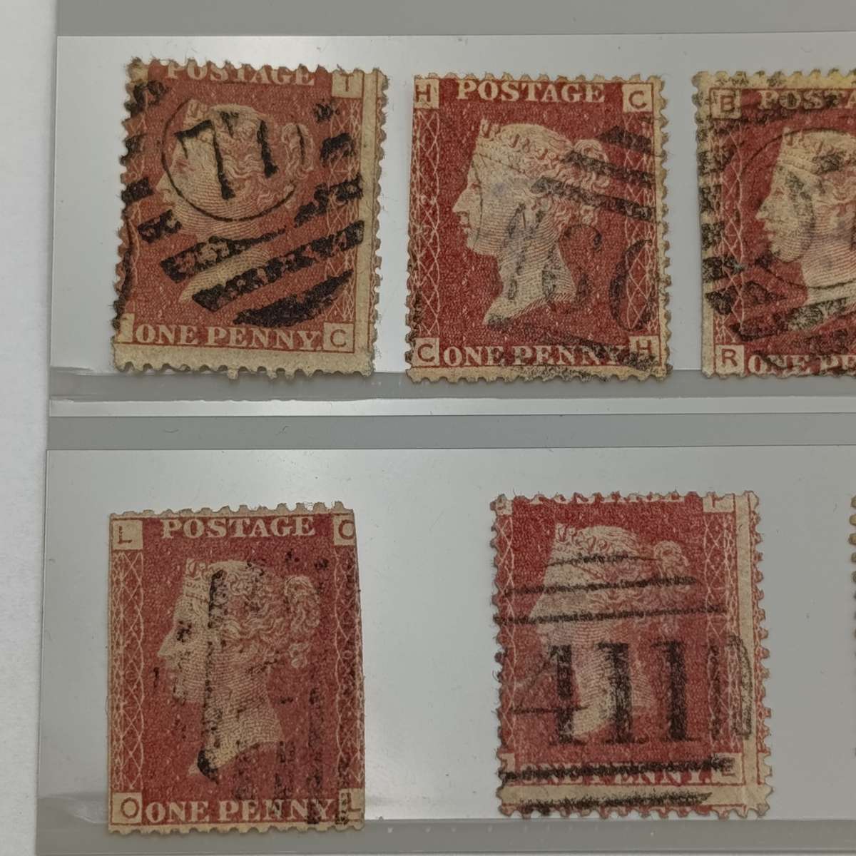Lot of 9 penny red stamps circa 1858 - plate numbers included are: 90, 92, 102, 103, 108, 112