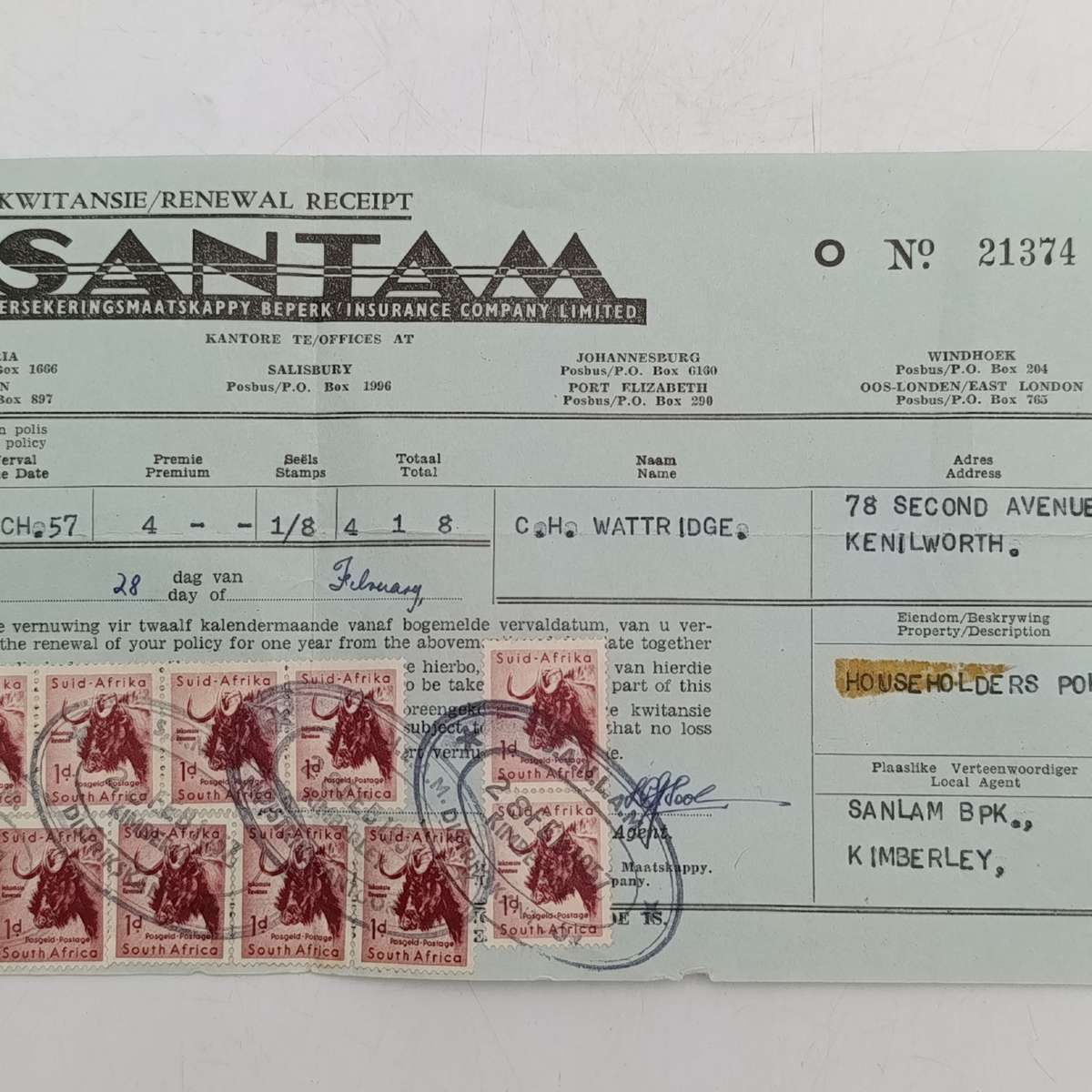 1957 Santam receipt with 3x revenue stamps and 14x 1d postuge stamps used as revenue stamps
