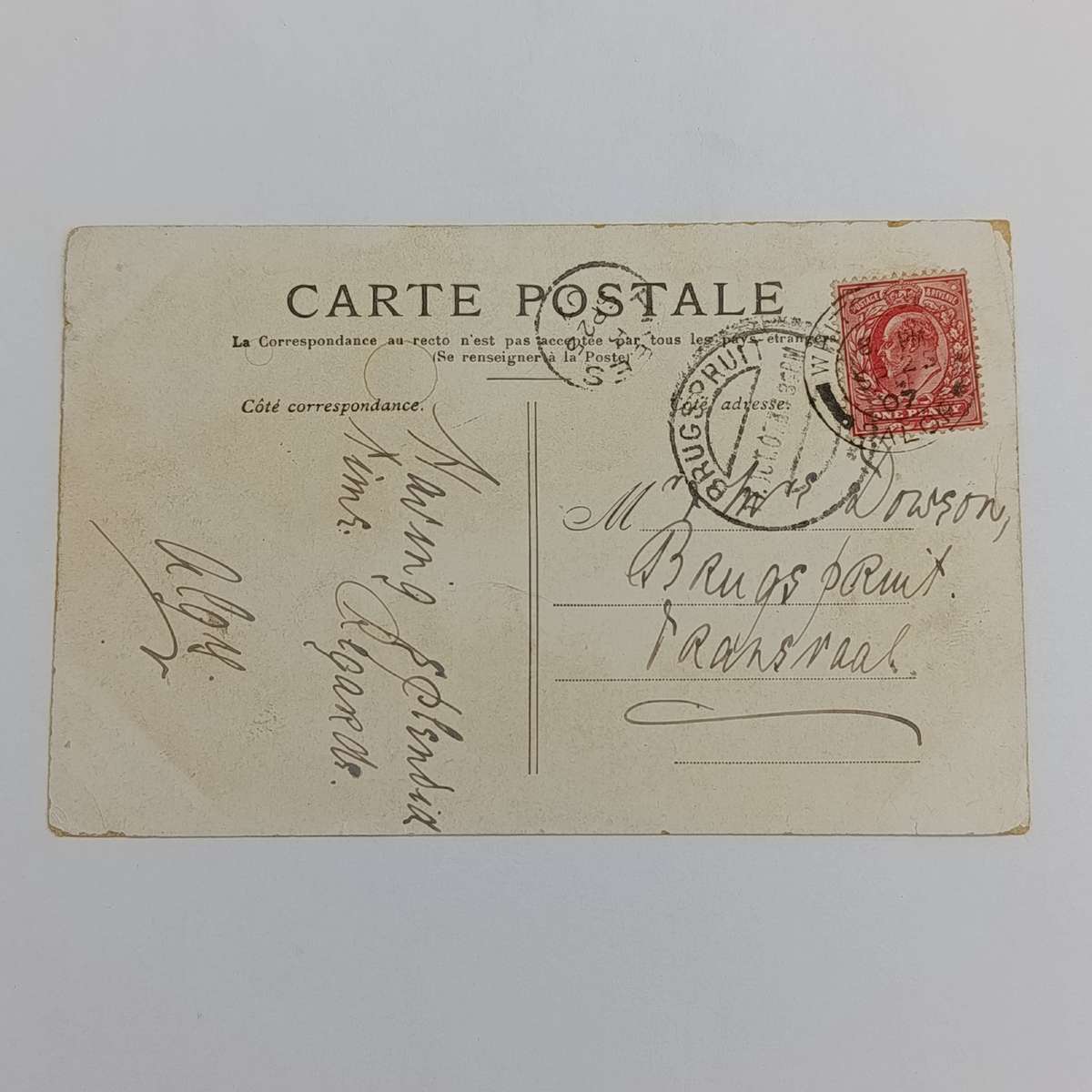 1907 Postcard sent from Salop England to Brugspruit, Transvaal