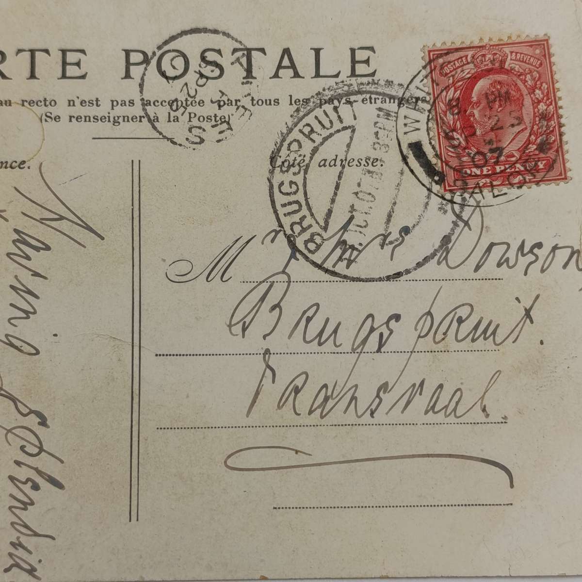 1907 Postcard sent from Salop England to Brugspruit, Transvaal