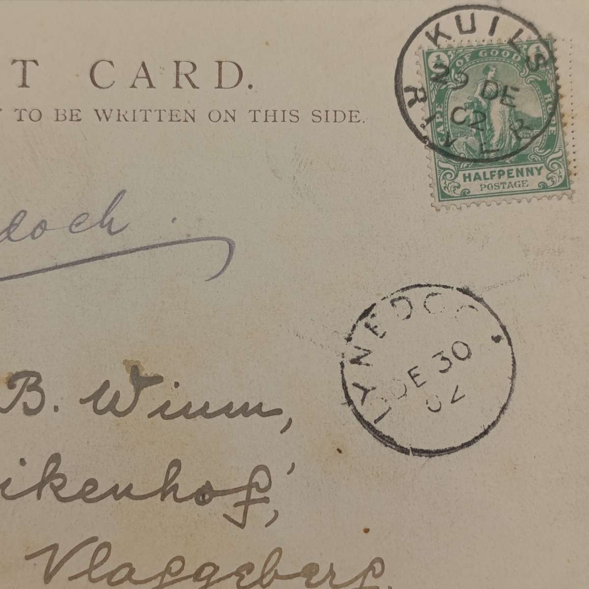 1902 Postcard from Kuils River (2 words) to Vlaggeberg through Lynedoch