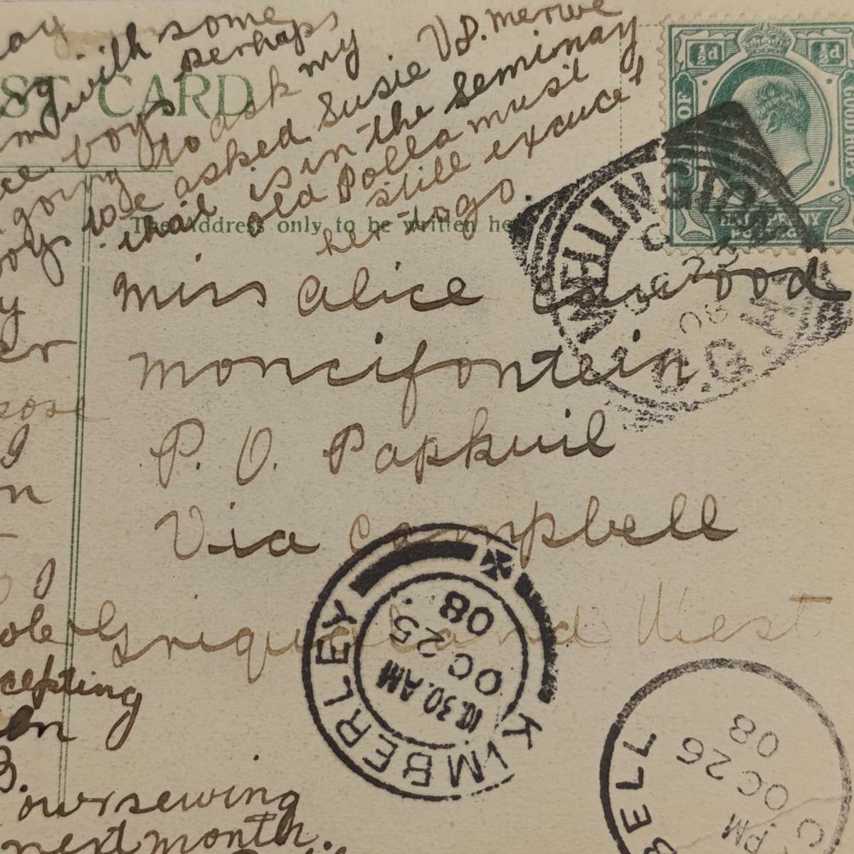 1908 Postcard from Wellington to Papkuil via Campbell and Kimberley